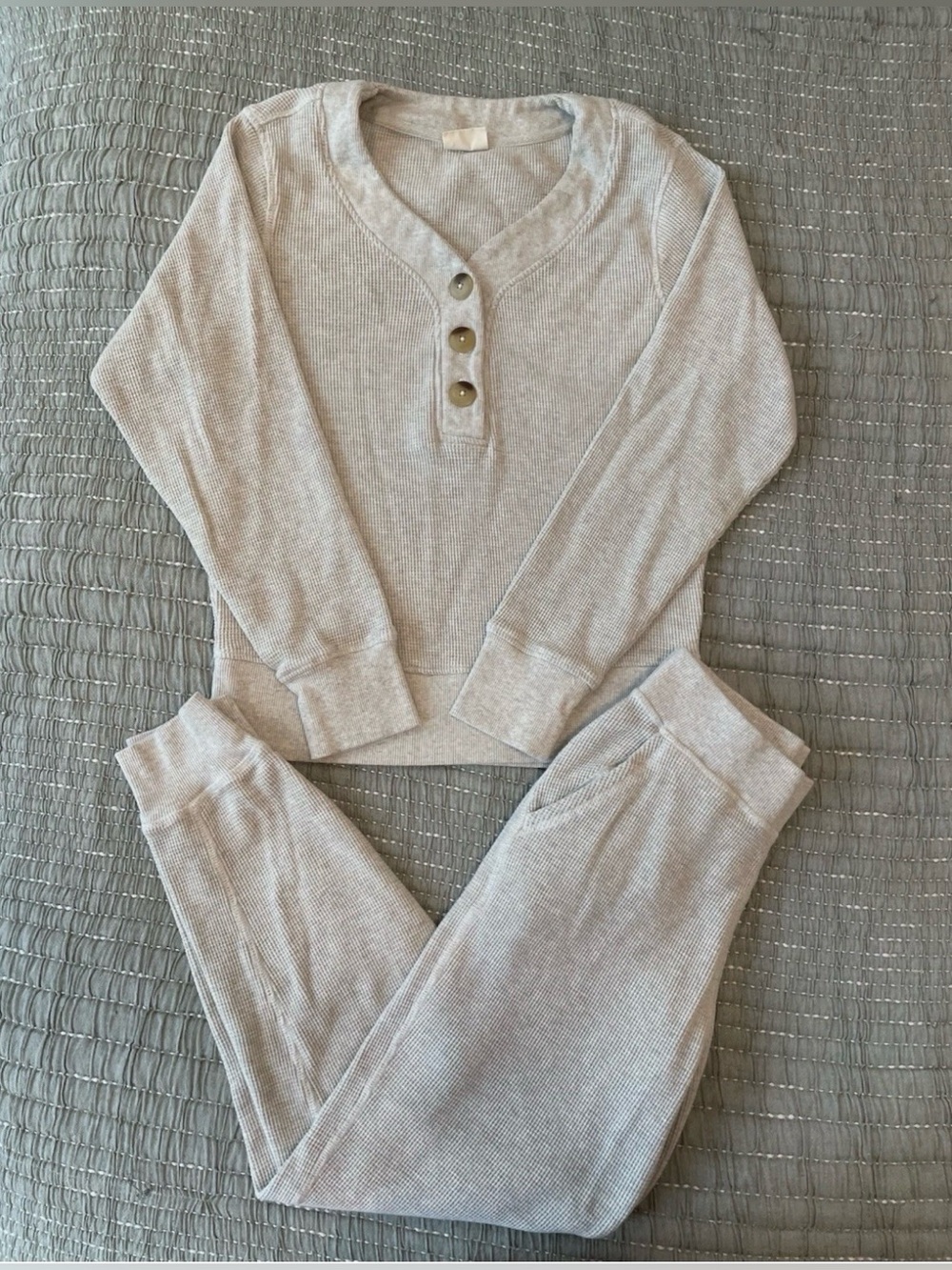 Pact Cream Waffle Knit Loungewear Set Henley Top and Joggers Size S 100% Cotton